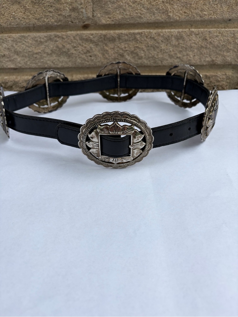 Western Silver Concho Belt Black S/M 34” Cowgirl Southwestern Faux Leather